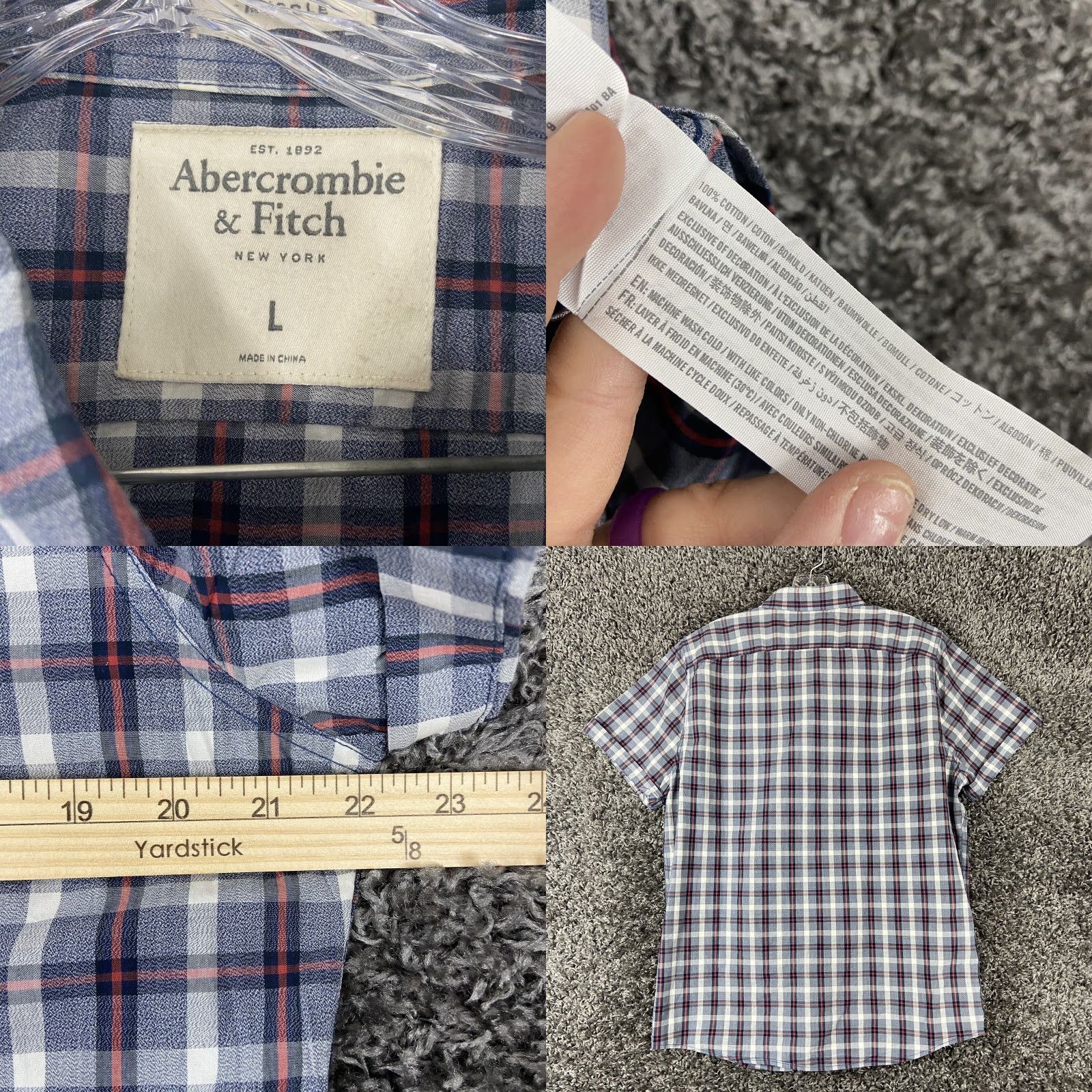 Abercrombie & Fitch ABERCROMBIE & FITCH Plaid Button-Up Shirt Men’s L Short Sleeve Gray Red Multicolor Size US 33 - 8 Thumbnail
