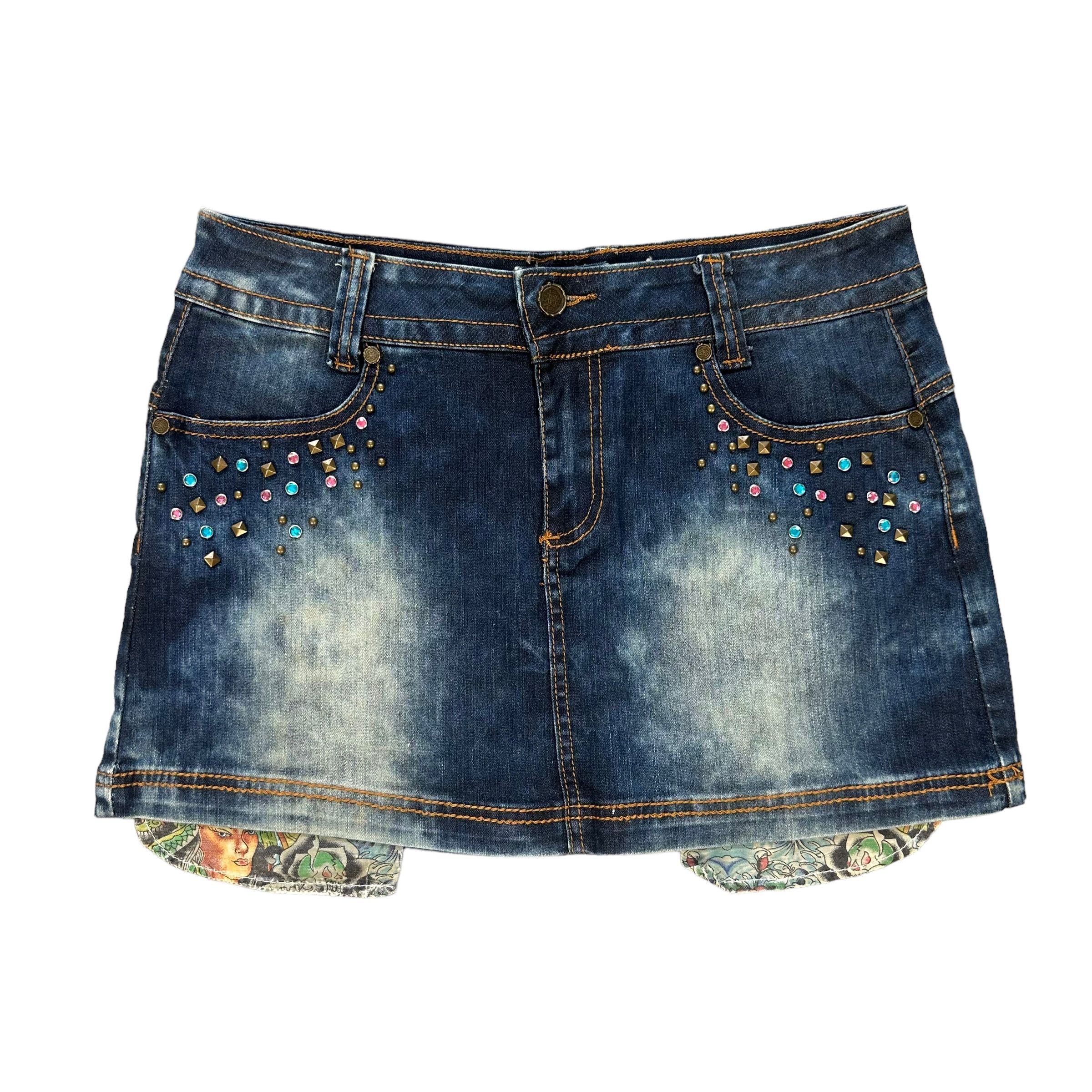 image of Ed Hardy Embroidery Logo Denim Mini Skirts 8656-019, Women's (Size 30)