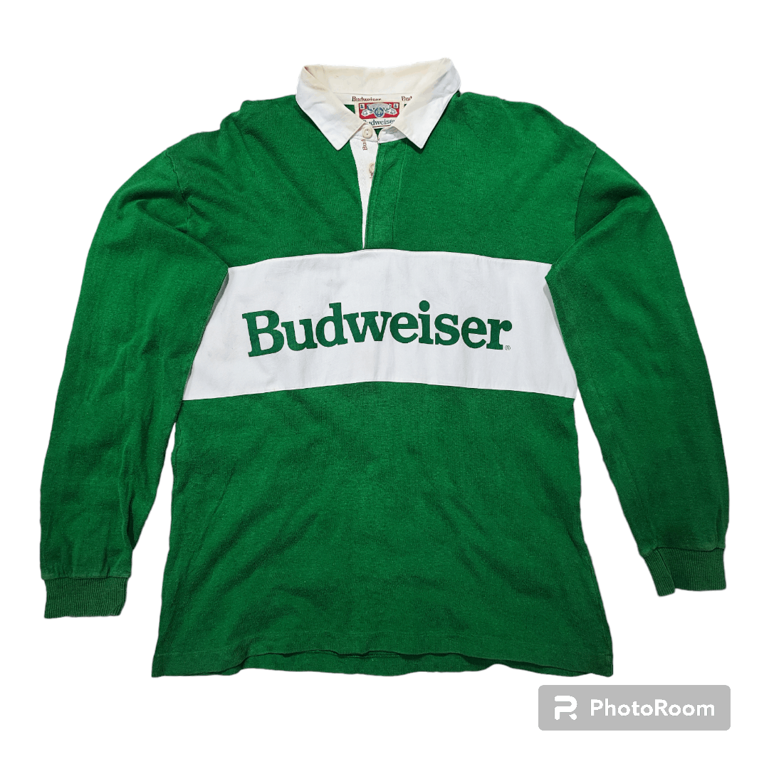 image of Budweiser Adult Beer Alcohol Polo Rugby Stripe Vintage in Green, Men's (Size Large)