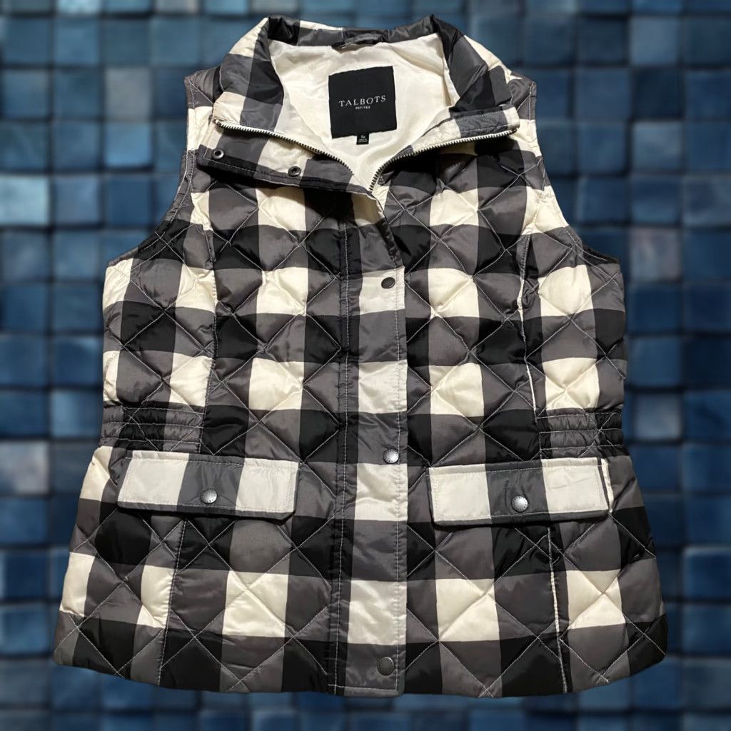 Talbots Talbots Womens Vest PS Black Plaid Quilted Down Full Zip Snap Button Size S / US 4 / IT 40 - 1 Thumbnail