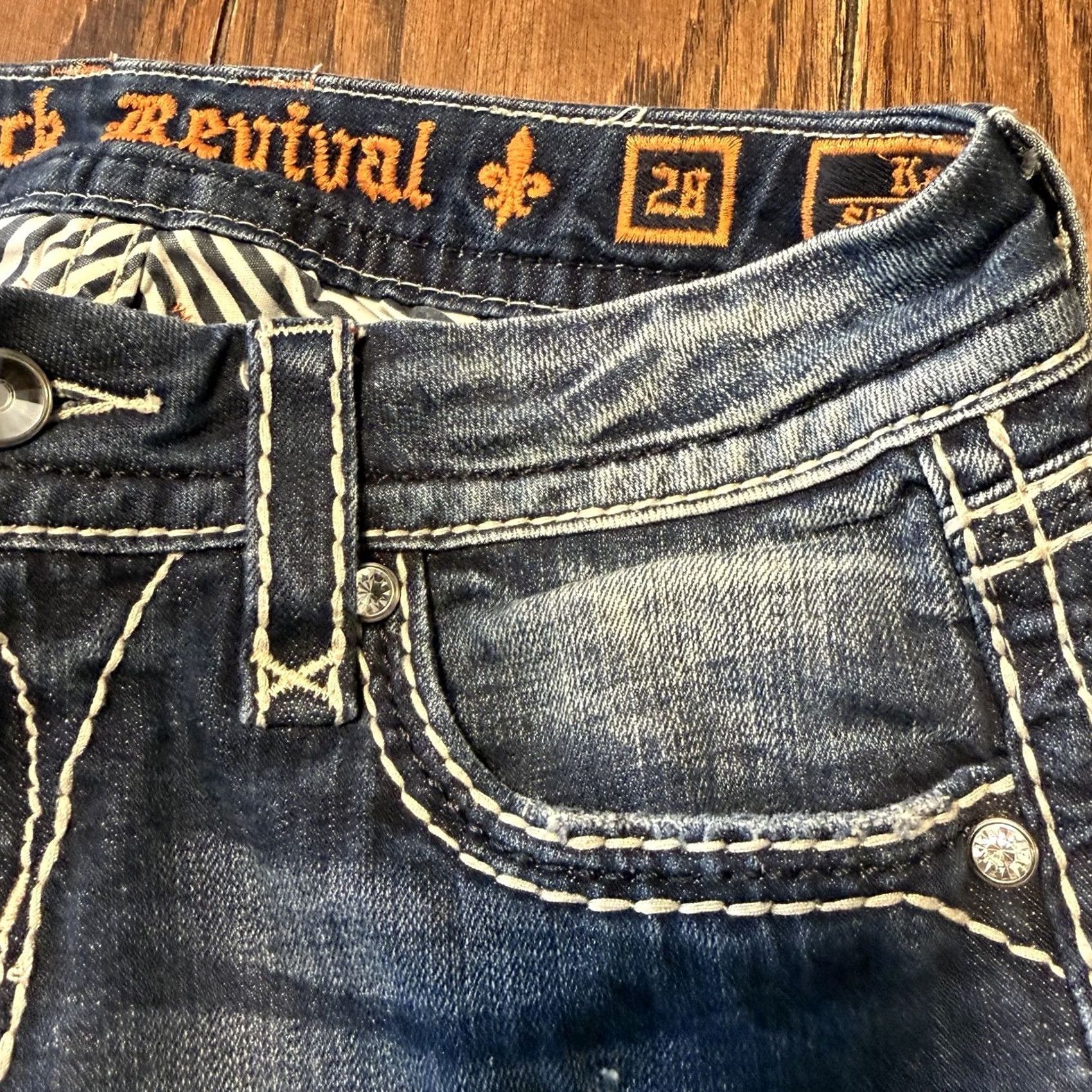 Vintage Rock Revival Kai Boot Jeans Womens Size 28 Blue Denim Bling Rhinestone Embroidered Thumb? Size 29" - 5 Thumbnail