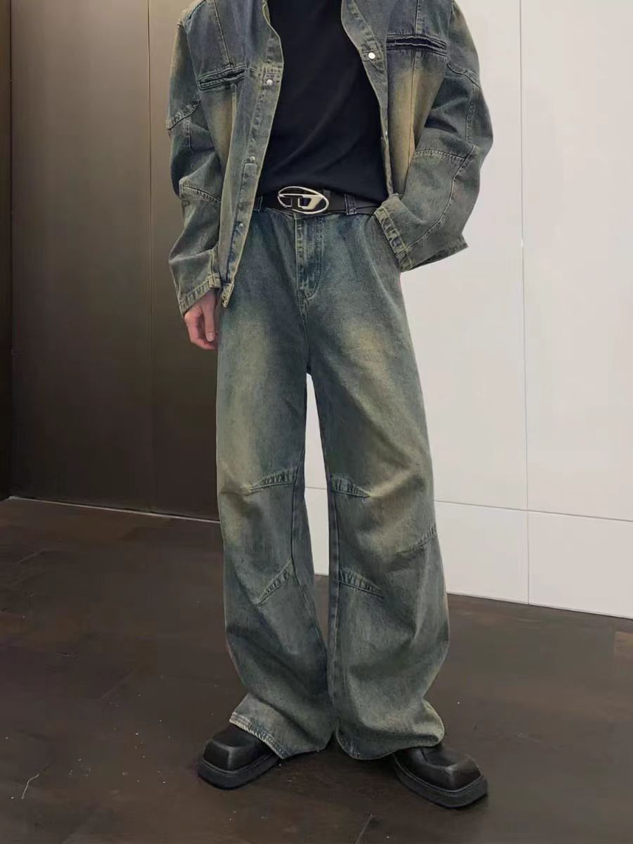 Pleated vintage washed distressed baggy jeans