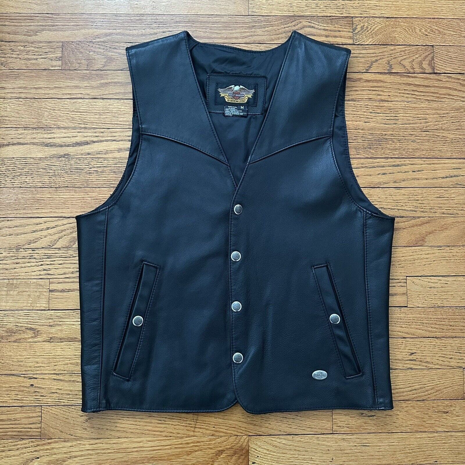 image of Vintage Harley Davidson Black Leather Vest Made In Usa, Men's (Size Medium)
