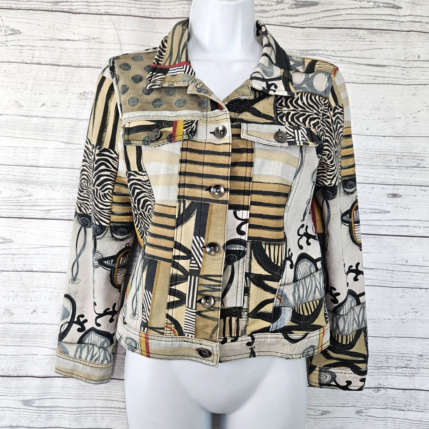Vintage Simply Art by Dolcezza Womens Jacket Sz Small Black Brown Abstract Button Up Size S / US 4 / IT 40 - 2 Thumbnail