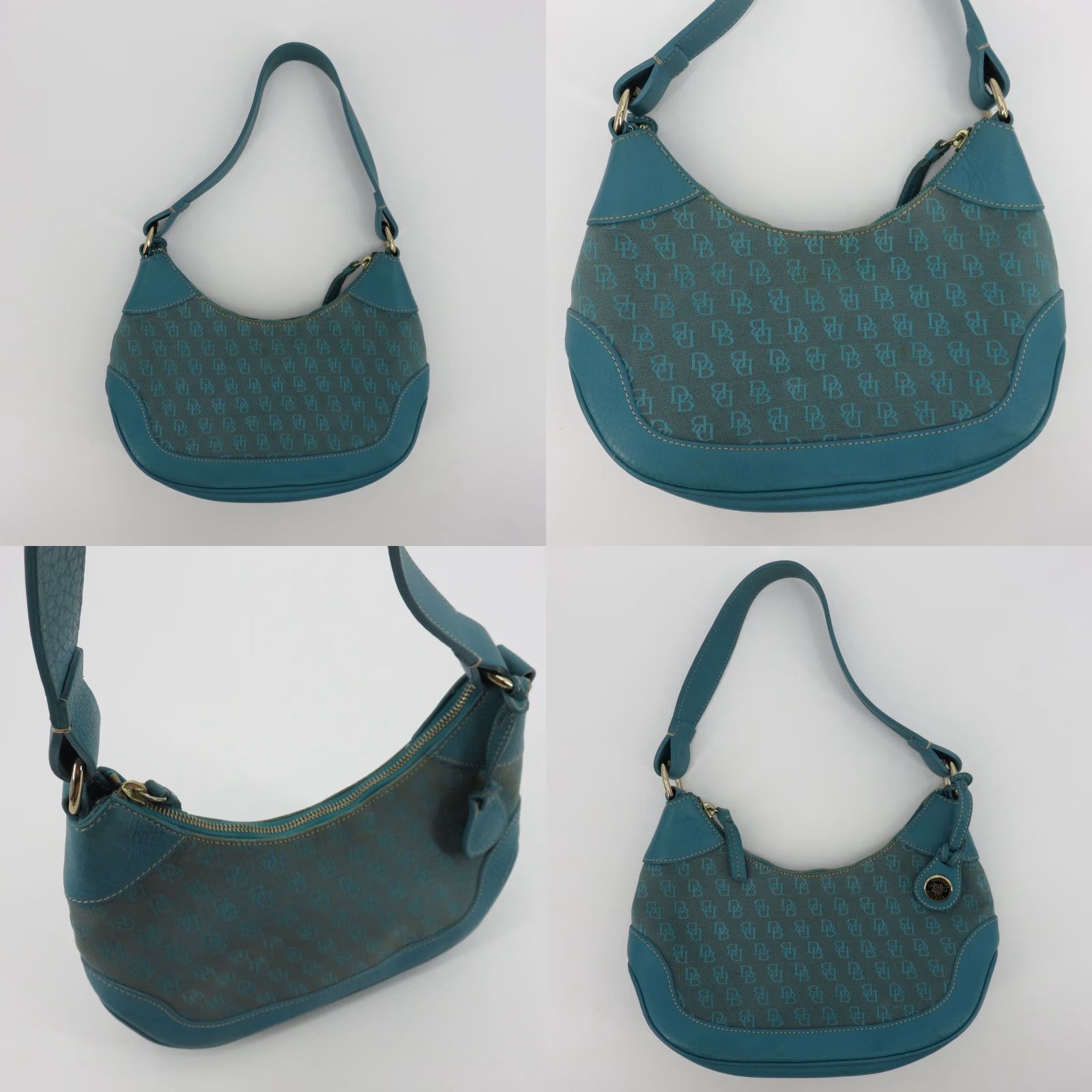 Dooney & Bourke VINTAGE Dooney & Bourke Signature DB Logo Jacquard Hobo Shoulder Bag Blue Leather Y2K Women Adults Size ONE SIZE - 9 Thumbnail