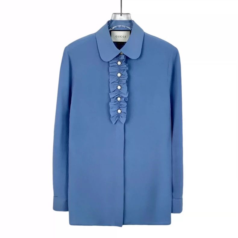 GucciBlue ruffled pearl buckle mulberry silk lapel long-sle
