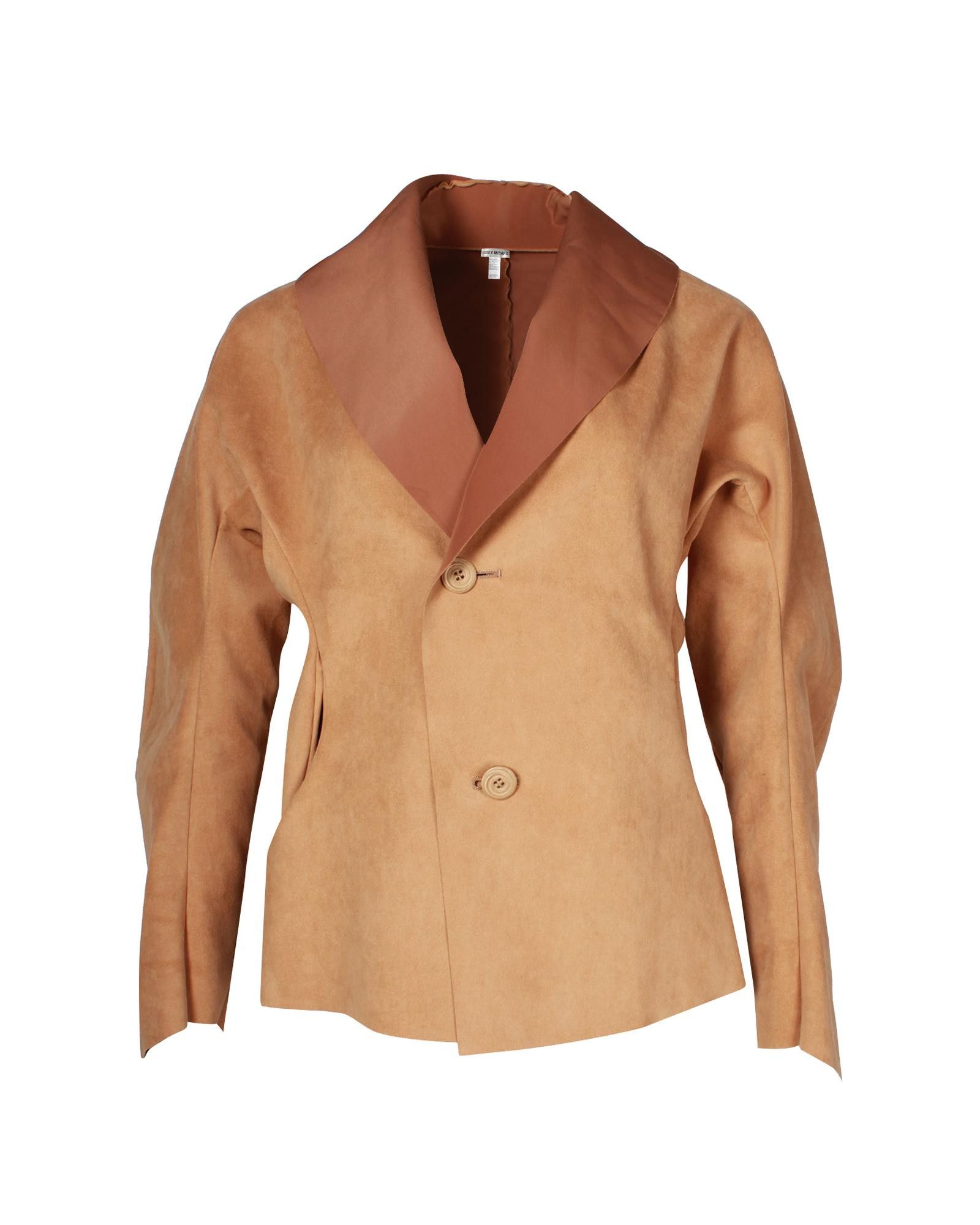 image of Issey Miyake Single-Breasted Beige Polyester Jacket With Brown Collar And Modern Touch, Women's (Si