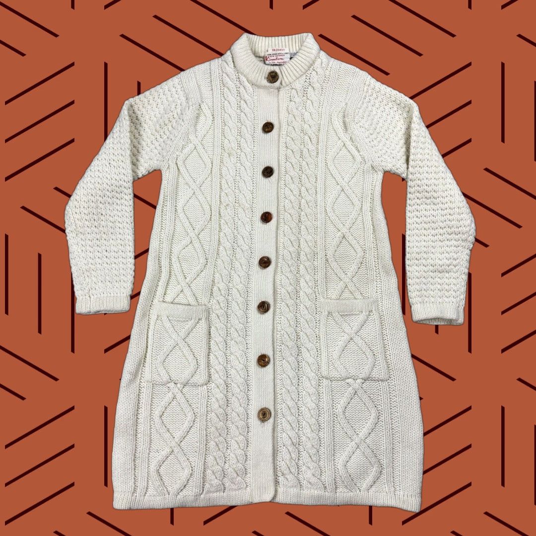 Vintage VINTAGE Kimlon Cable Knit Cardigan Sweater Dress Womens Small Ivory Button Front Pocket Preppy Hippy 50s 60s Size S / US 4 / IT 40 - 1 Thumbnail