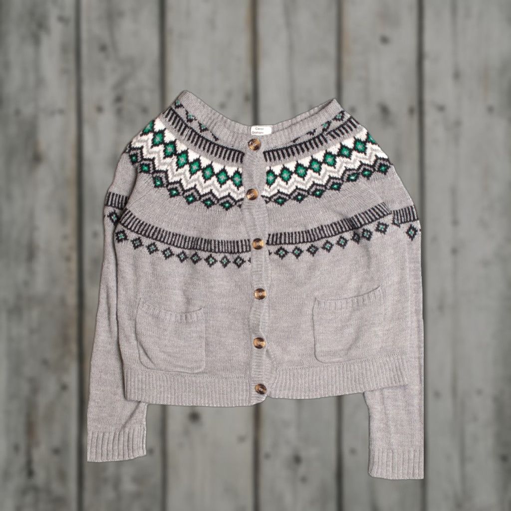 Vintage VINTAGE Fair Isle Cardigan 1034 Medium Gray Button Front Sweater Knit Wear Cardigan Medium Grey Knit Cotton / Acrylic Women's? Size M / US 6-8 / IT 42-44 - 1 Thumbnail