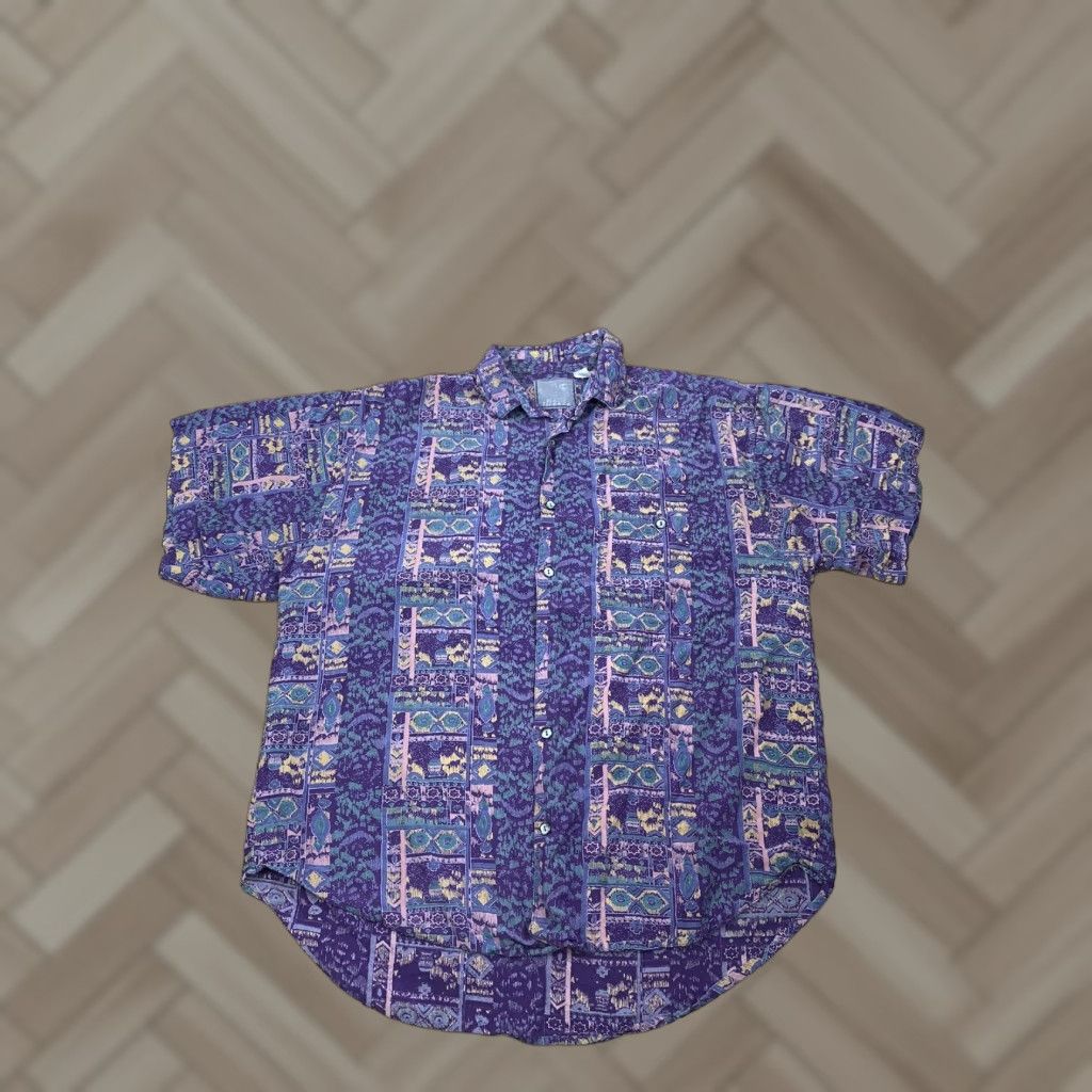 Vintage VINTAGE 90s Blazer Firenze Mens Button-Up Short Sleeve Purple M Geometric 4132 Size US 31 - 1 Thumbnail