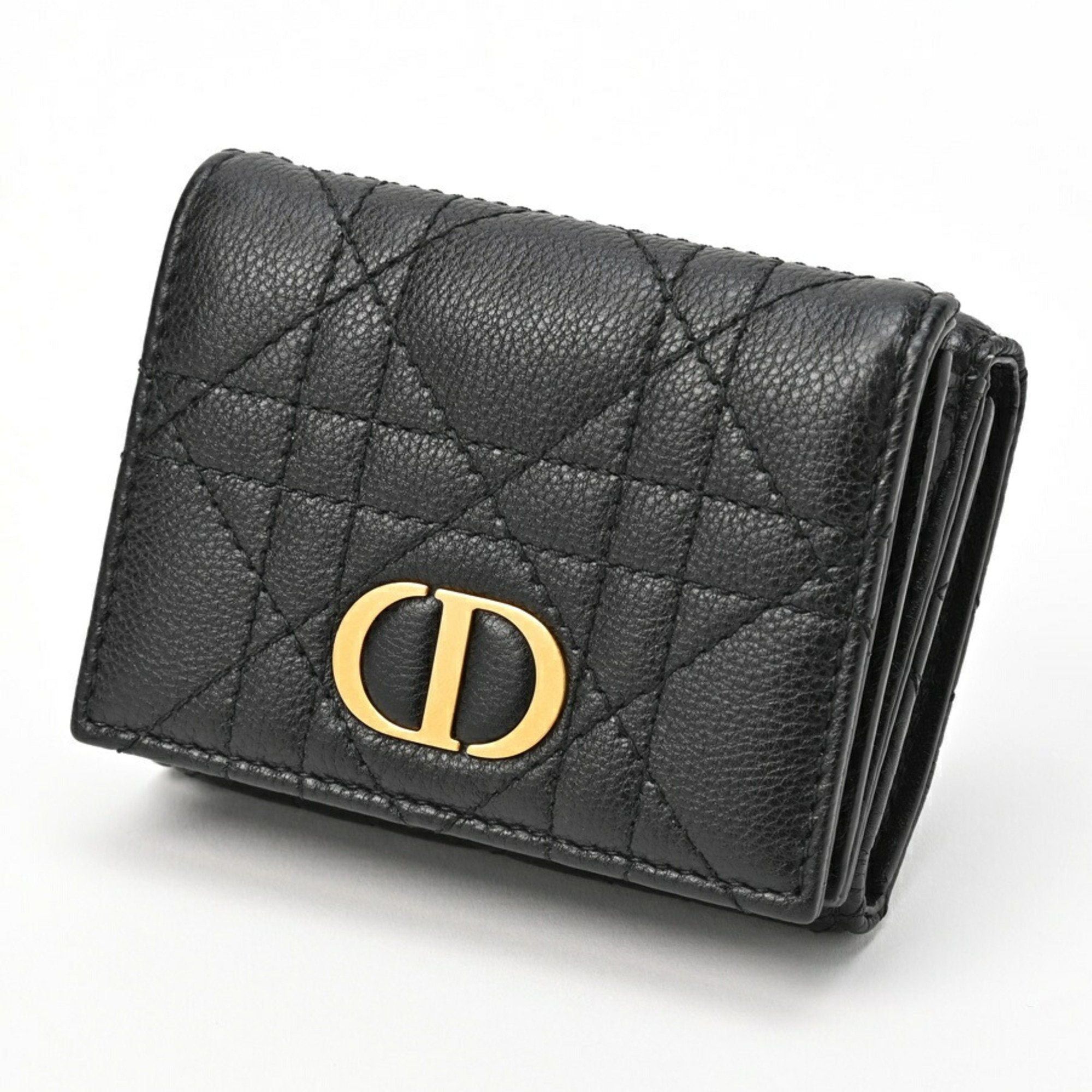 image of Christian Dior Dior Caro Compact Wallet Tri-Fold S5030Uwhc Cannage Calfskin Black S-155526, Women's
