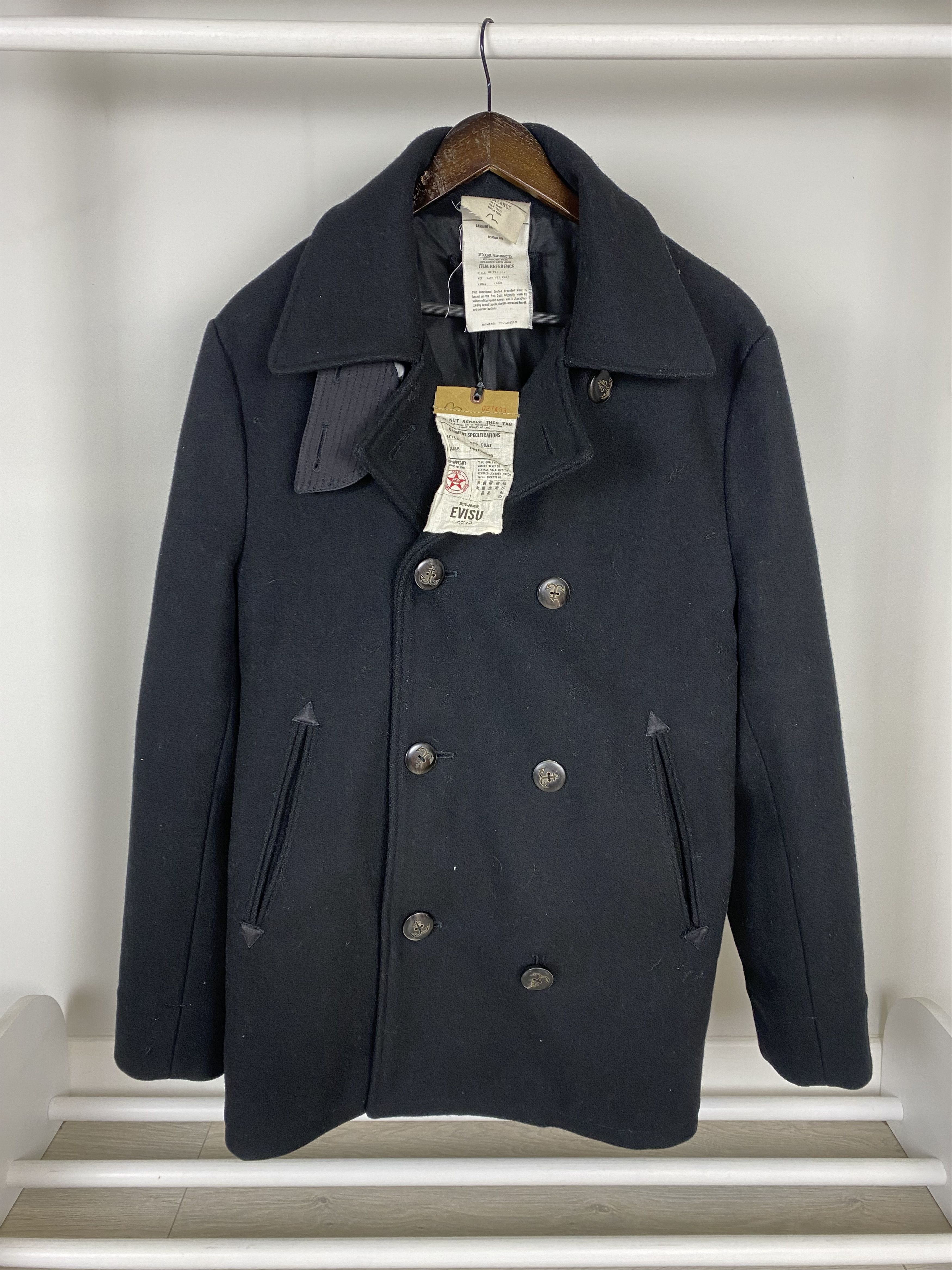 image of Evisu Vintage Wool Pea Coat in Black, Men's (Size XL)