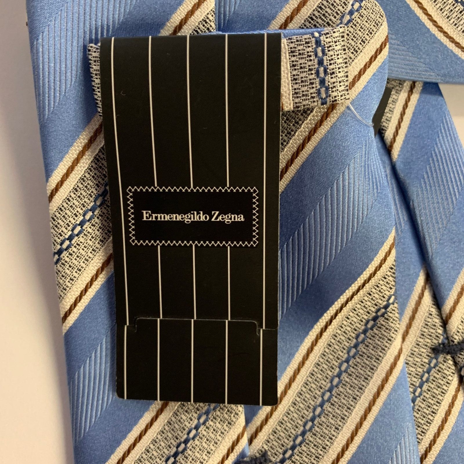 Ermenegildo Zegna ERMENEGILDO ZEGNA Blue Cream Diagonal Stripe Silk Tie Size ONE SIZE - 3 Thumbnail
