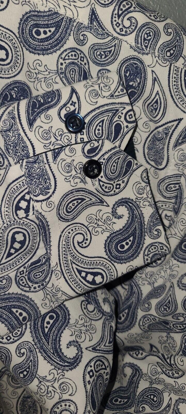 Designer Azure Milano Men White Shirt With Paisley Print Cotton Small Size 36R - 6 Thumbnail