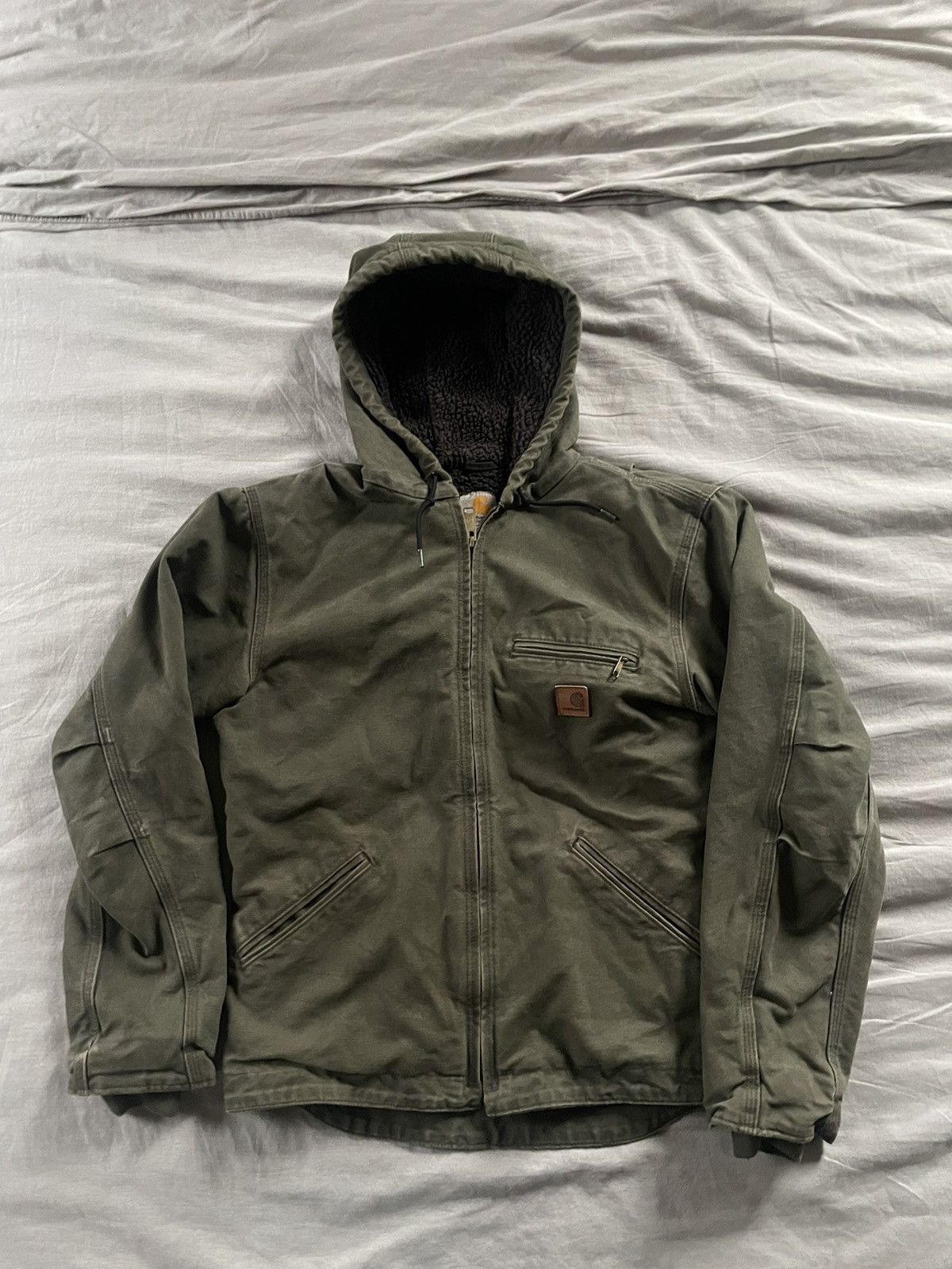 image of Vintage Carhartt Canvas, Fur Lined Detroit Hooded Jacket in Green, Men's (Size Small)