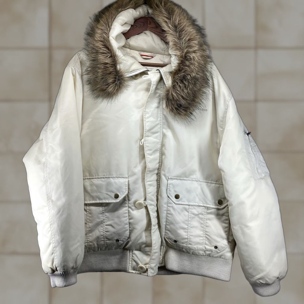 Guess GUESS Women's Puffer Jacket Down Feather Filled Full Zip Faux Fur Hood Large Beige Mid-Length Winter Fall Size L / US 10 / IT 46 - 1 Thumbnail
