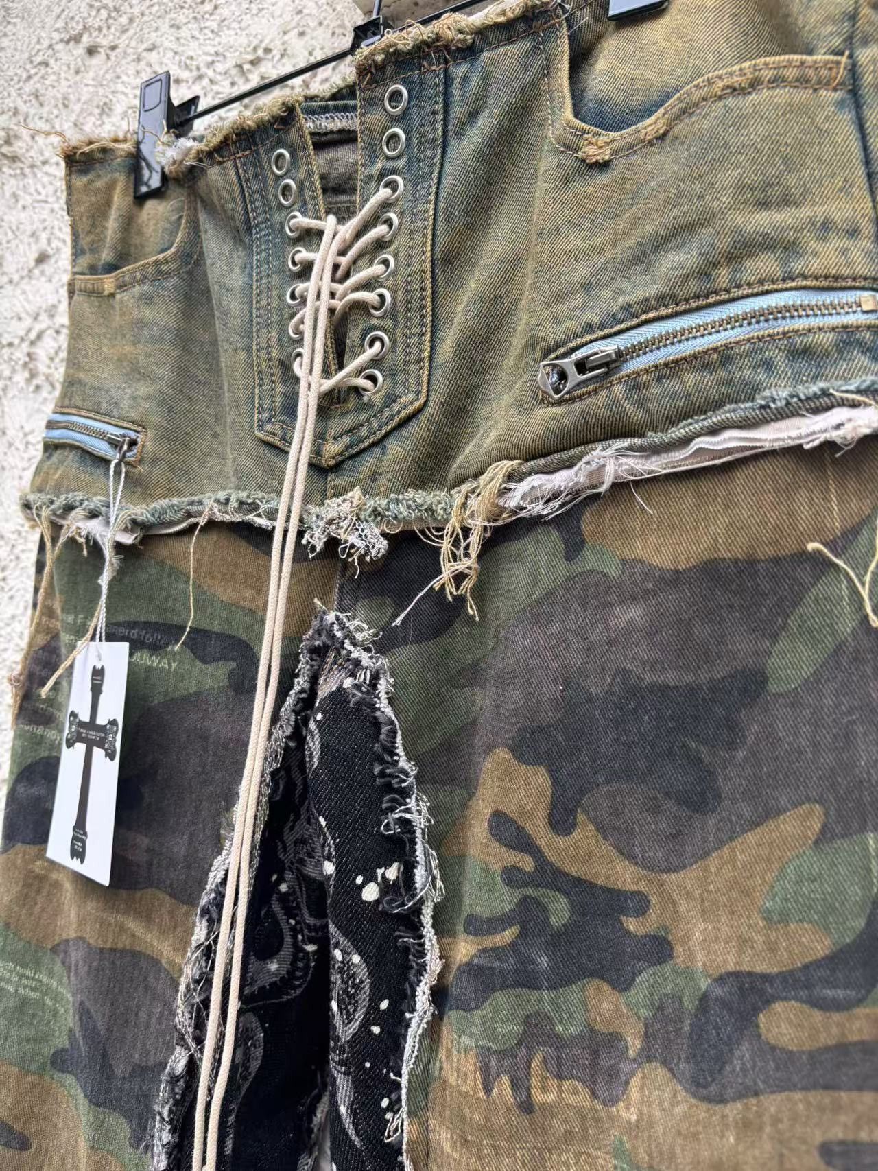 Japanese Brand × Le Grande Bleu (L.G.B.) japanese brand punk camo lace up denim flare pants Size 29" - 4 Thumbnail