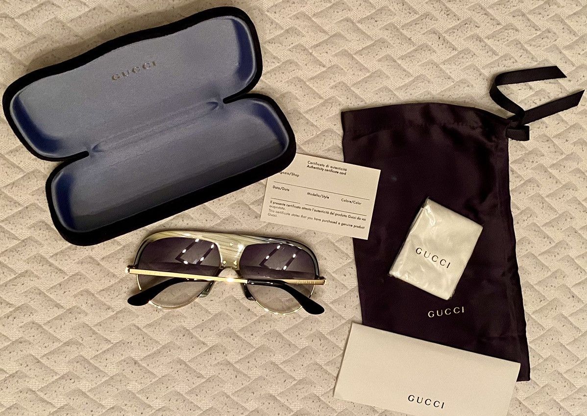Gucci Gucci 🇯🇵 Grey/Moss Resin Amber GG Inlay Bridge Metal Gold NEW Size ONE SIZE - 6 Thumbnail