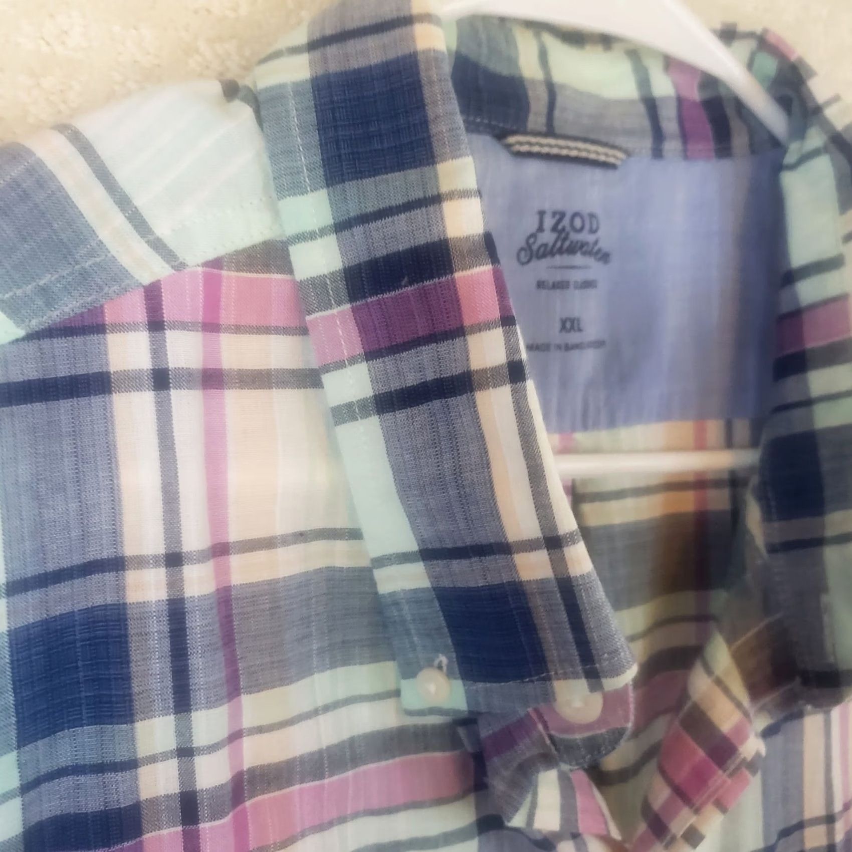 Izod IZOD Saltwater Mens 2XL Shirt Blue Pink Plaid Button-Down Short Sleeve Cotton Size US XXL / EU 58 / 5 - 6 Thumbnail
