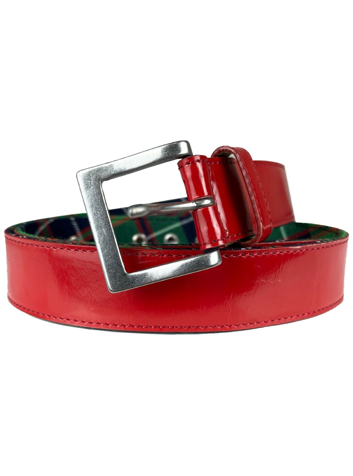 Pre-owned Comme Des Garcons X Junya Watanabe Plaid Lined Buckle Leather Belt Red
