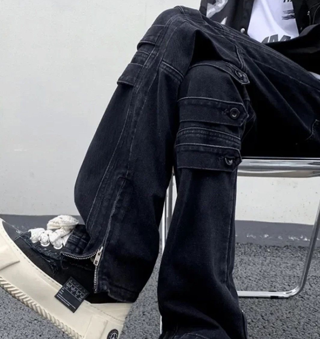 image of Distressed Denim Black Color Street Niche Style Zipper Leg Denim Cargo Pant, Men's (Size 32)