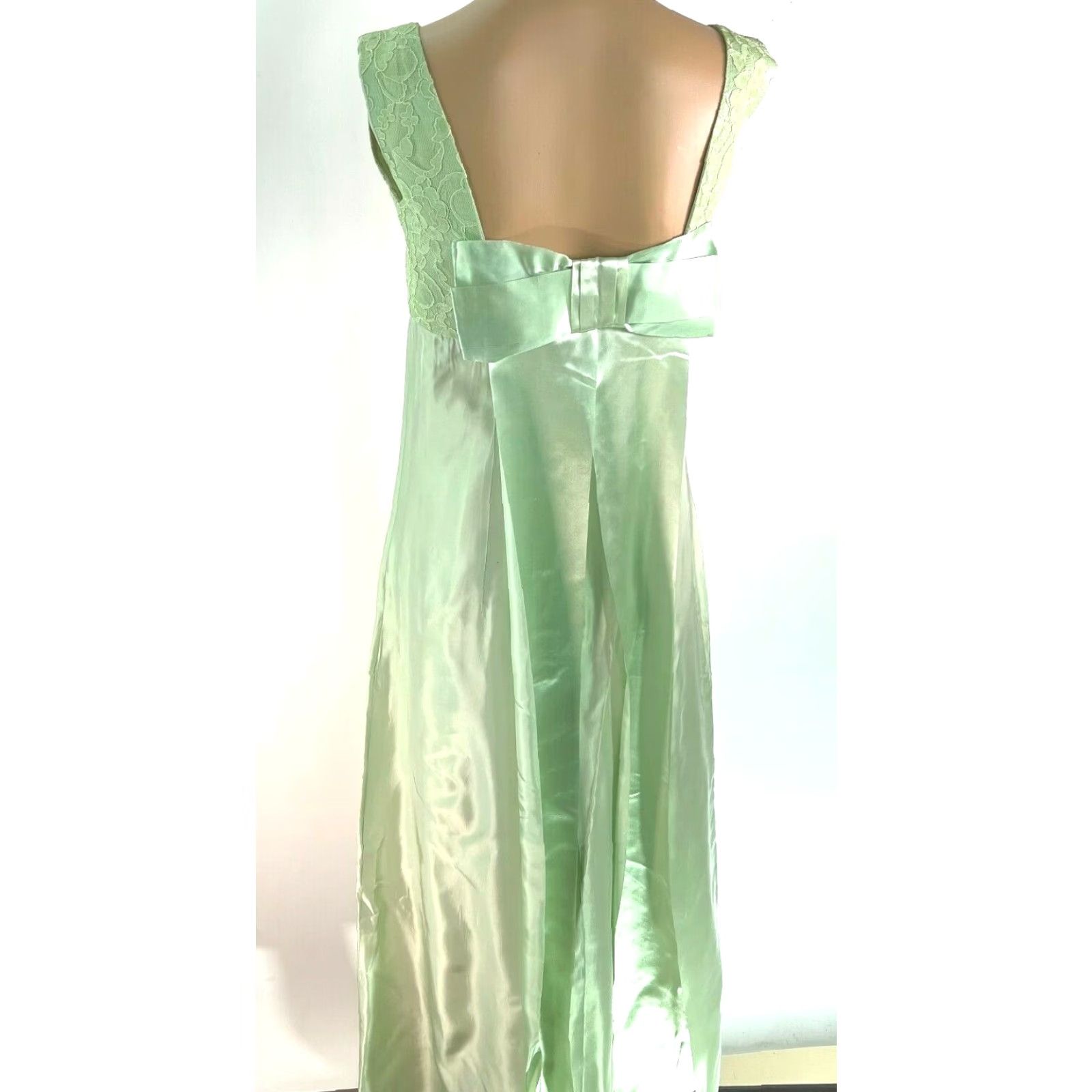 Vintage VINTAGE 80s Satin Maxi Dress - Green Square Neck Sleeveless Bow Back - M (S/M) Womens Party Wedding Size M / US 6-8 / IT 42-44 - 2 Thumbnail