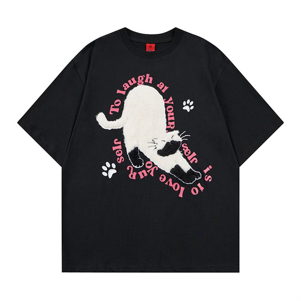 Japanese Brand Fun Cartoon Kitten Embroidered Short-Sleeve T-Shirt Size US M / EU 48-50 / 2 - 1 Thumbnail