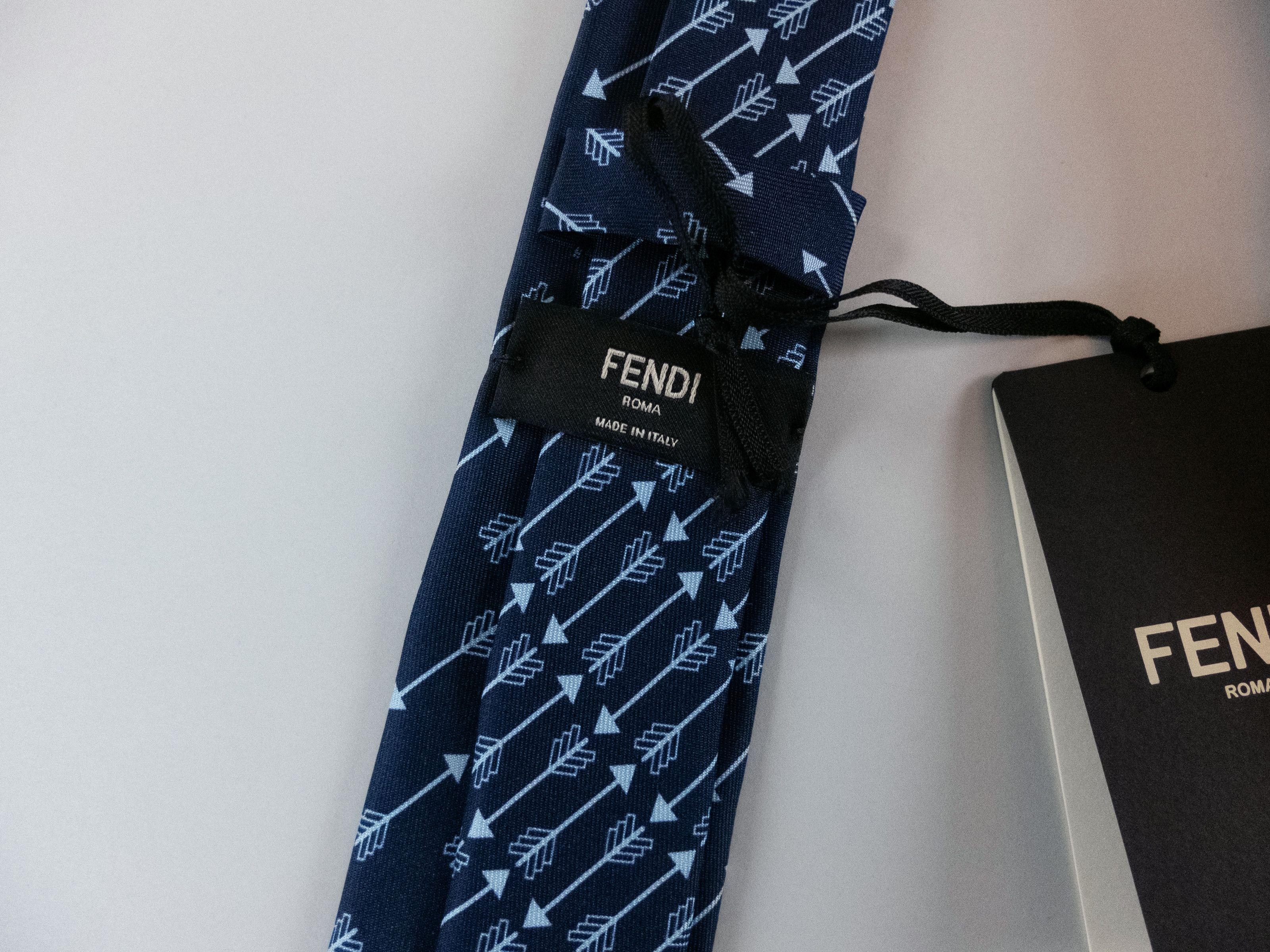 Fendi FENDI navy blue arrow & logo print skinny silk tie NWT Size ONE SIZE - 6 Thumbnail