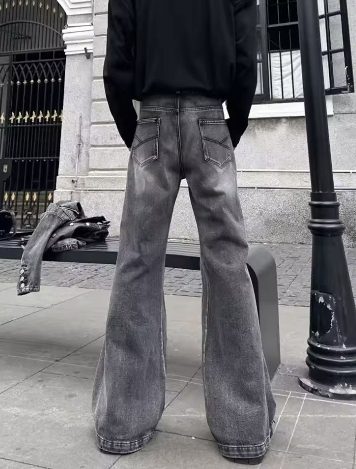 Denime × Jean × Vintage Trashy Y2K Streetwear Washed Grey Baggy Stacked Flare Jeans Size US 27 - 2 Thumbnail