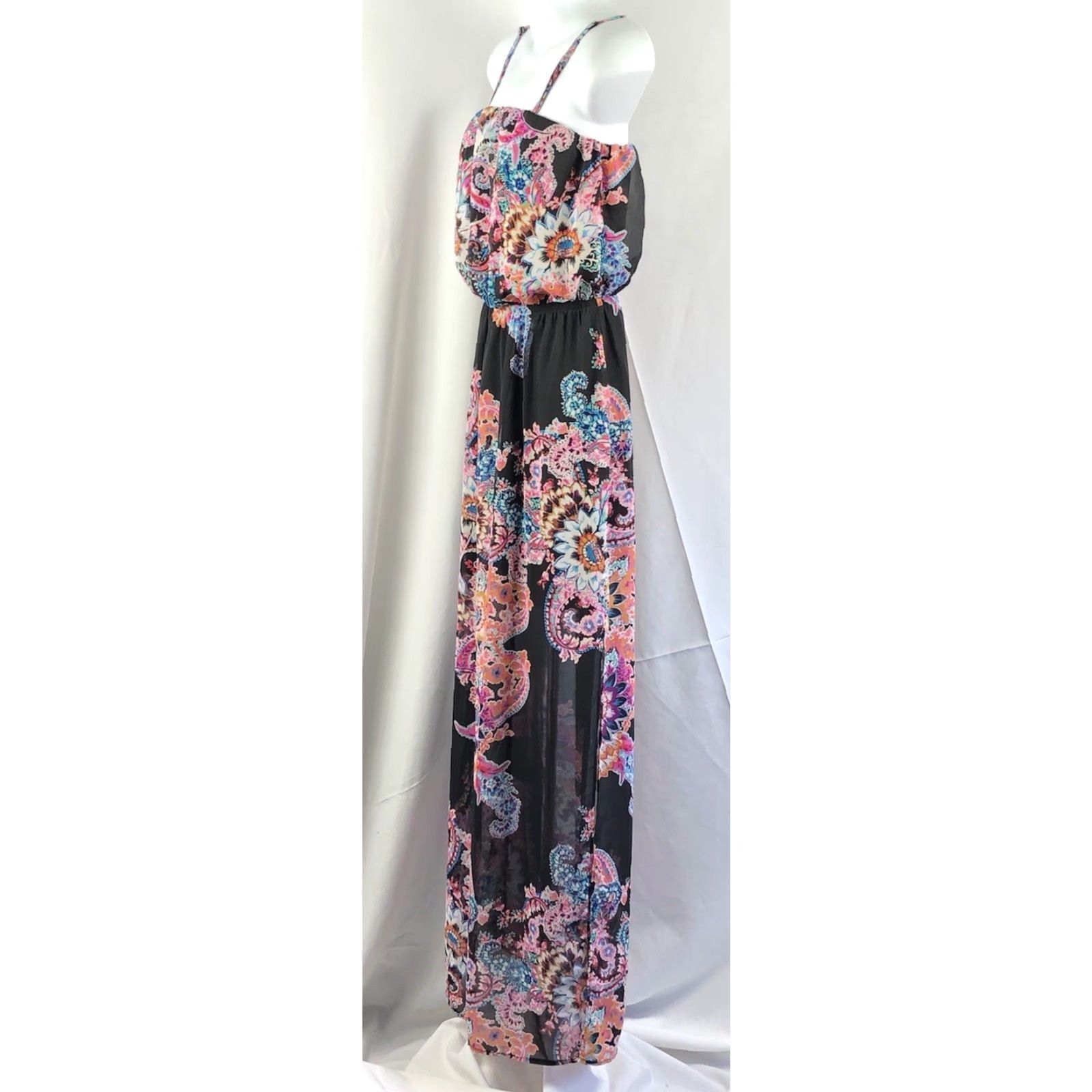 Express VINTAGE Express Maxi Dress Shirt XS Pink/Blk Floral Blouson 90's Boho Hippie Chiffon Halter Strappy Sleeve Summer Size XS / US 0-2 / IT 36-38 - 3 Thumbnail