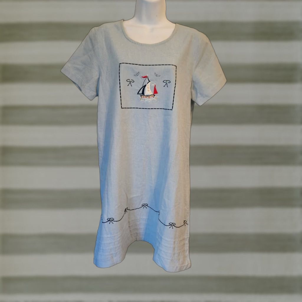 Vintage VINTAGE Jane Ashley Light Blue Boat Embroidered Shift Dress Petite M Blue 1990s Womens Size M / US 6-8 / IT 42-44 - 1 Thumbnail