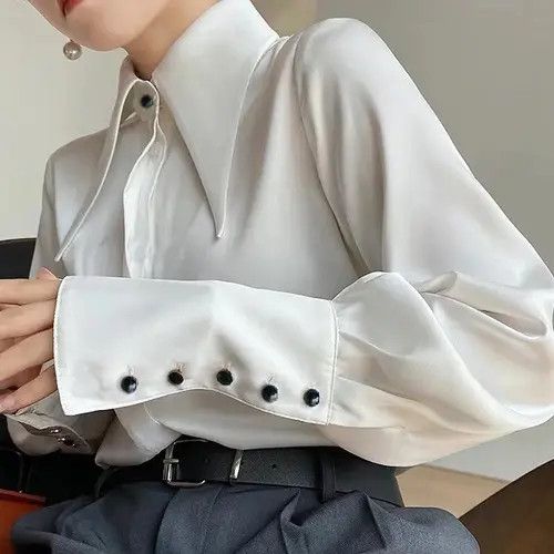 image of Autumn Vintage Satin Silk Women Shirt Elegant in White (Size Medium)