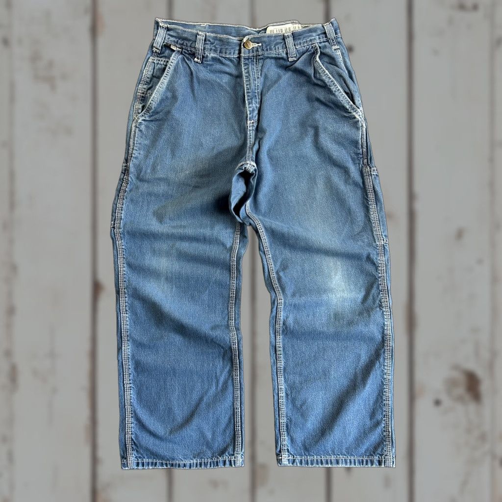 Carhartt VINTAGE Carhartt FR Jeans Wide Leg Baggy 33 x 28 Carpenter Flame Resistant Denim Blue Mens 90s Rock Grunge Workwear Casual Jeans Size US 33 - 1 Thumbnail