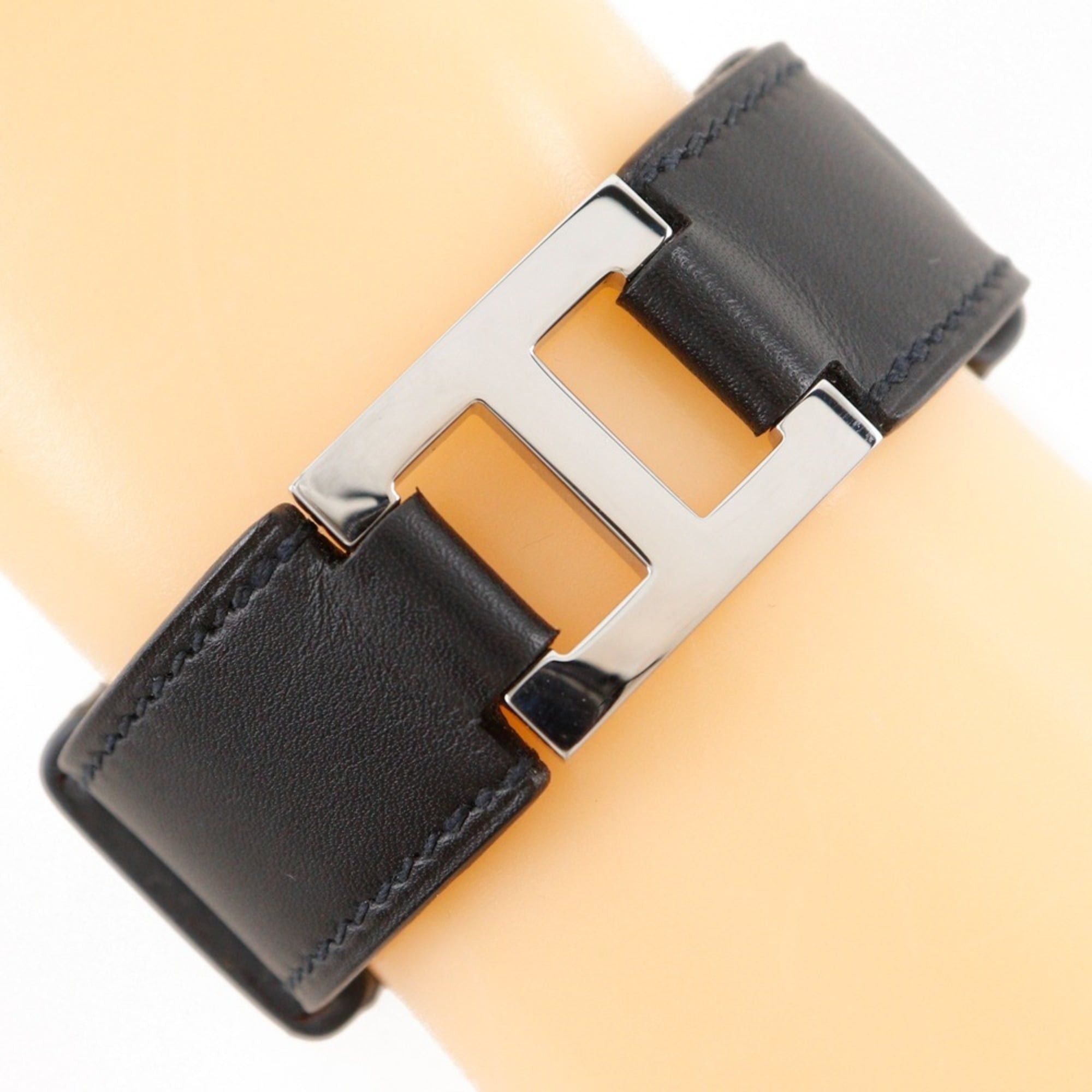 Hermes Hermes Hermès H logo bangle bracelet, Vau Chamonix, 2005, black with silver hardware, approximately 17g, logo, unisex Size ONE SIZE - 1 Thumbnail