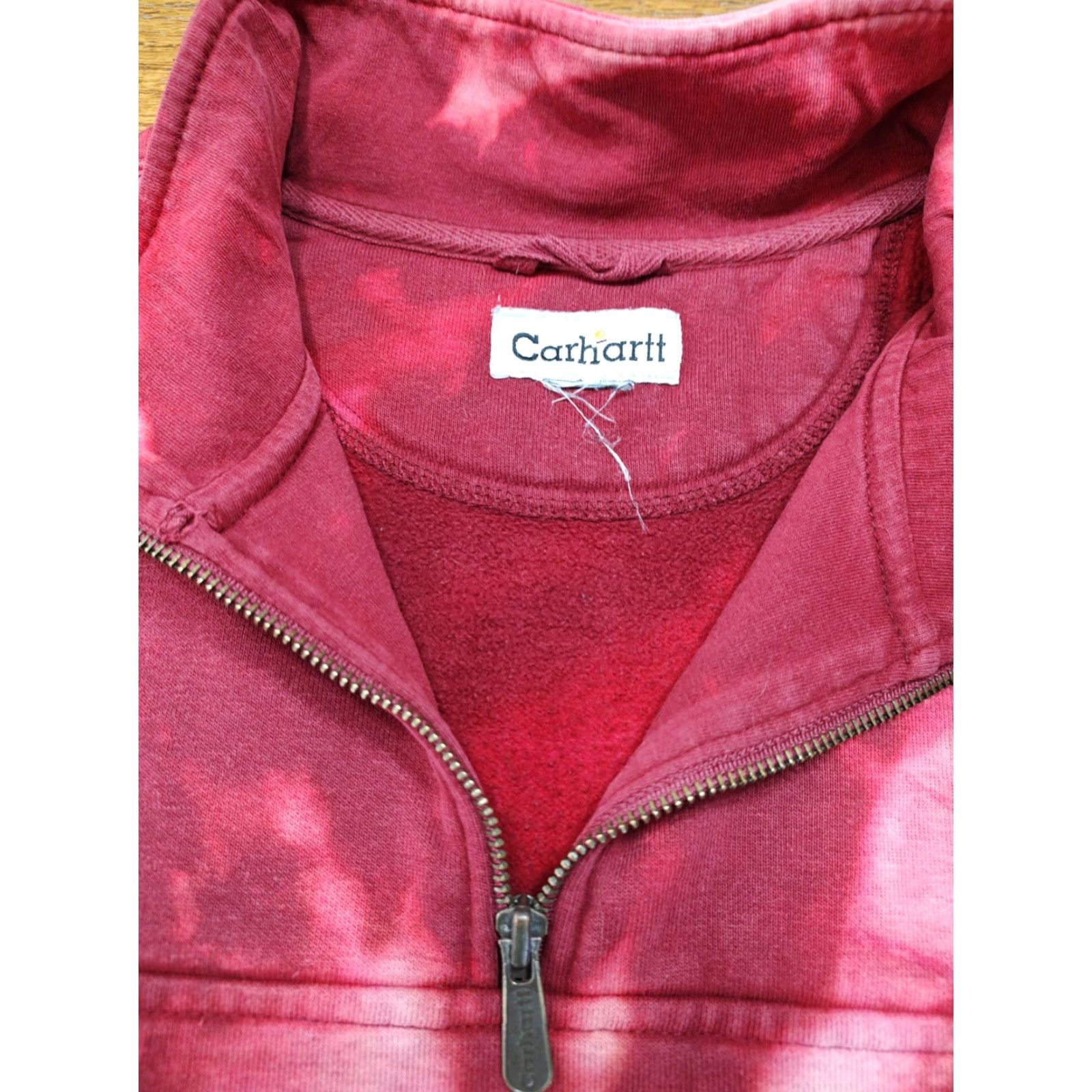 VINTAGE Carhartt Sweatshirt Mens XL 1/4 Zip Tie Dye Red Knit Logo 90s College Outdoor Pullover