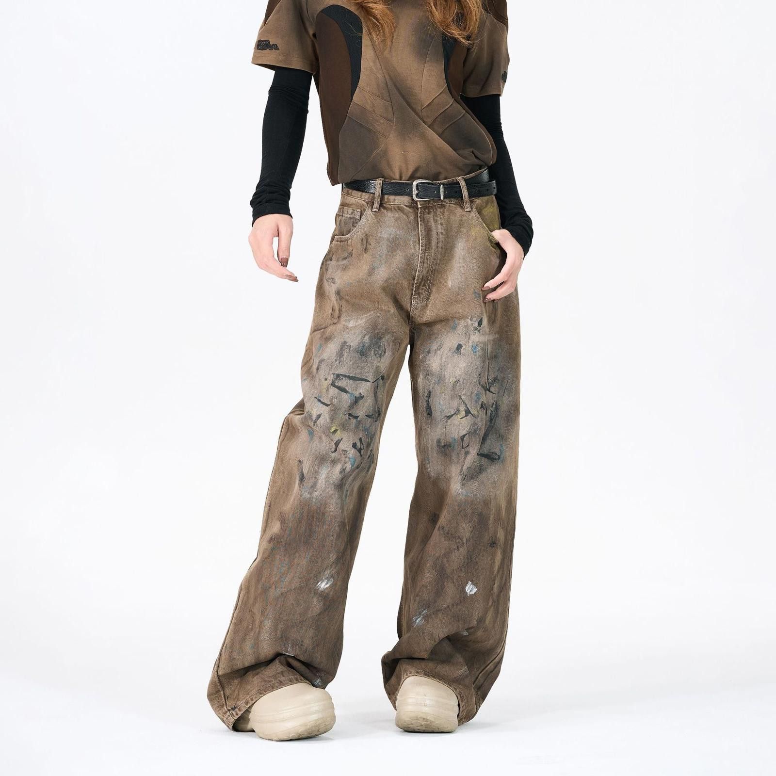 Vintage Brown Distressed Baggy Wide Leg Pants, Casual Streetwear Size 27" / US 4 / IT 40 - 3 Thumbnail
