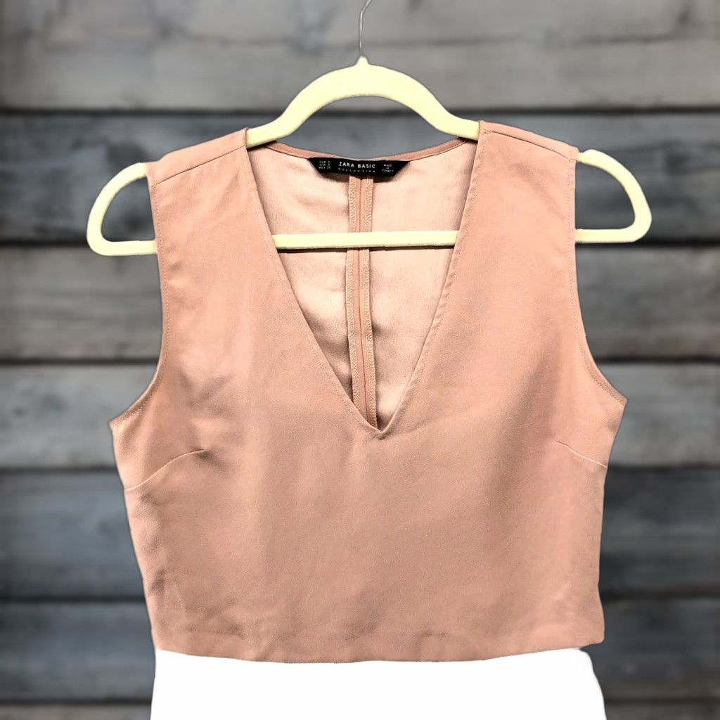 Zara Zara Blouse Shirt Womens S Crop Top V-Neck Sleeveless Tan Beige Zip Cropped Lightweight Casual 90s? Size S / US 4 / IT 40 - 1 Thumbnail