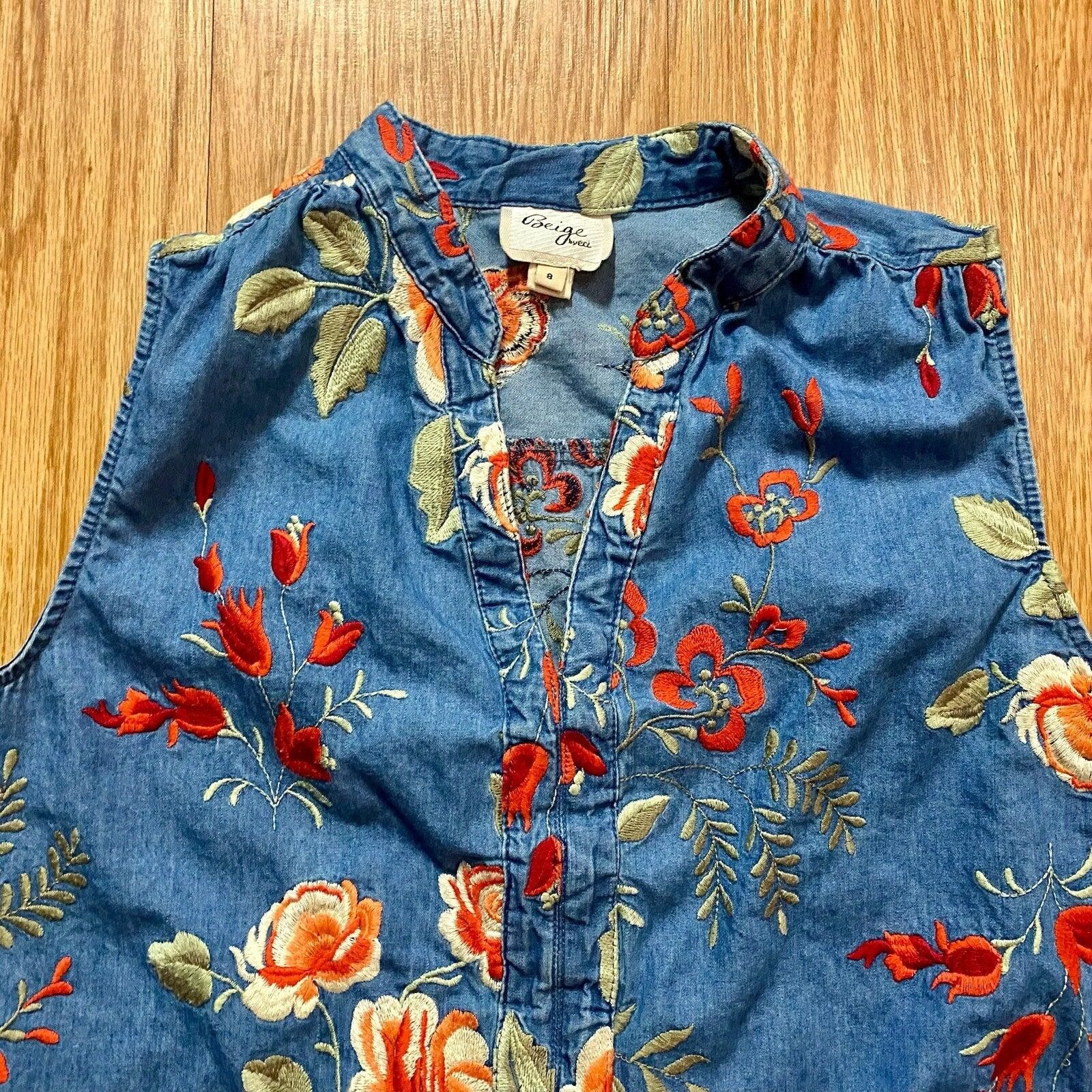 Other Beige by ECI Blue Floral Embroidered Dress Womens 8 Size M / US 6-8 / IT 42-44 - 3 Thumbnail