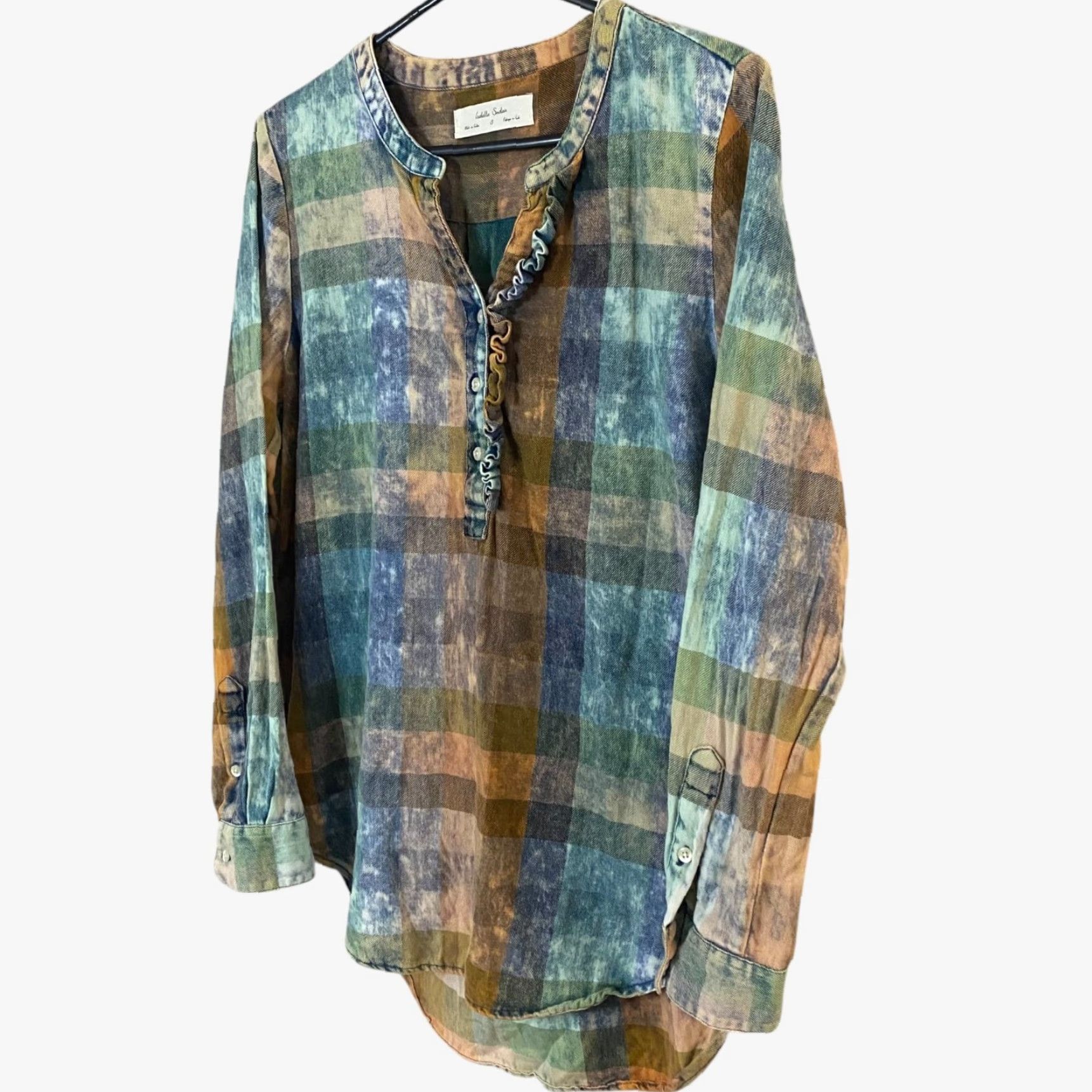 Anthropologie Anthropologie Isabelle Sinclair Ruffle Henley Top Women's S Acid-Washed Tonal Check Multicolor Button-Up Size S / US 4 / IT 40 - 2 Thumbnail