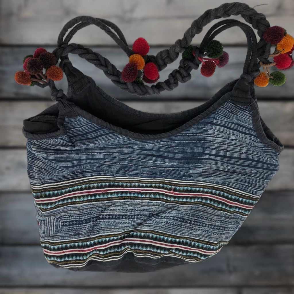 Vintage Woven Boho Fabric Shoulder Bag Tote Blue Western Braided Womens Festive Size ONE SIZE - 1 Thumbnail