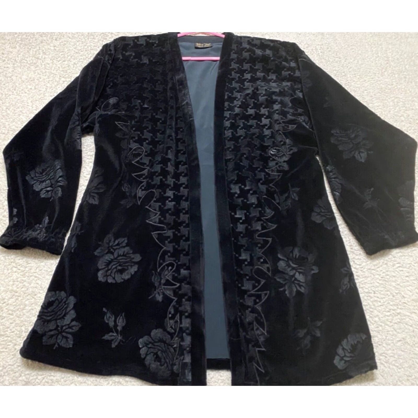 Velvet VINTAGE Diane Freis Womens Large Jacket Black Floral Velvet Burnout Open Front Jacket Size L / US 10 / IT 46 - 2 Thumbnail