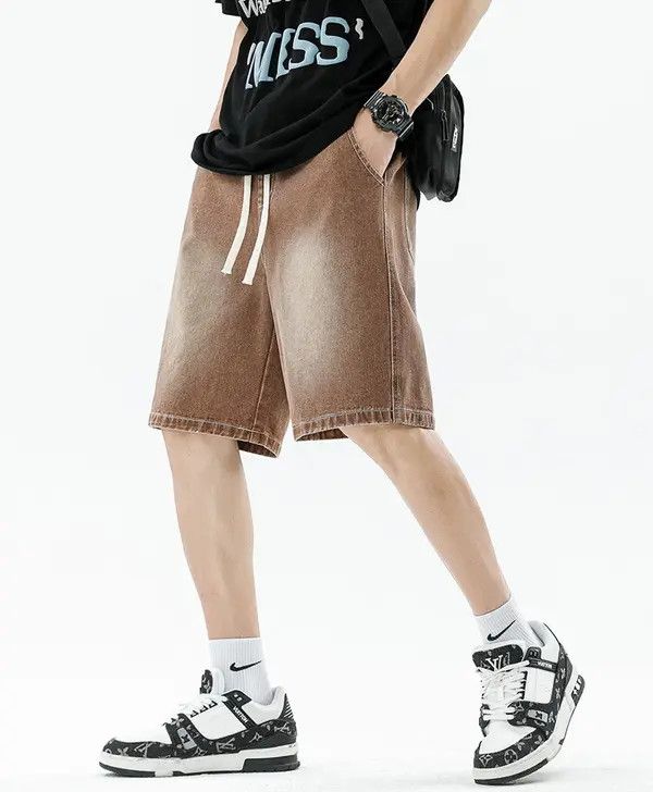 Japanese Brand Brown washed distressed loose straight casual denim shorts Size US 32 / EU 48 - 6 Thumbnail