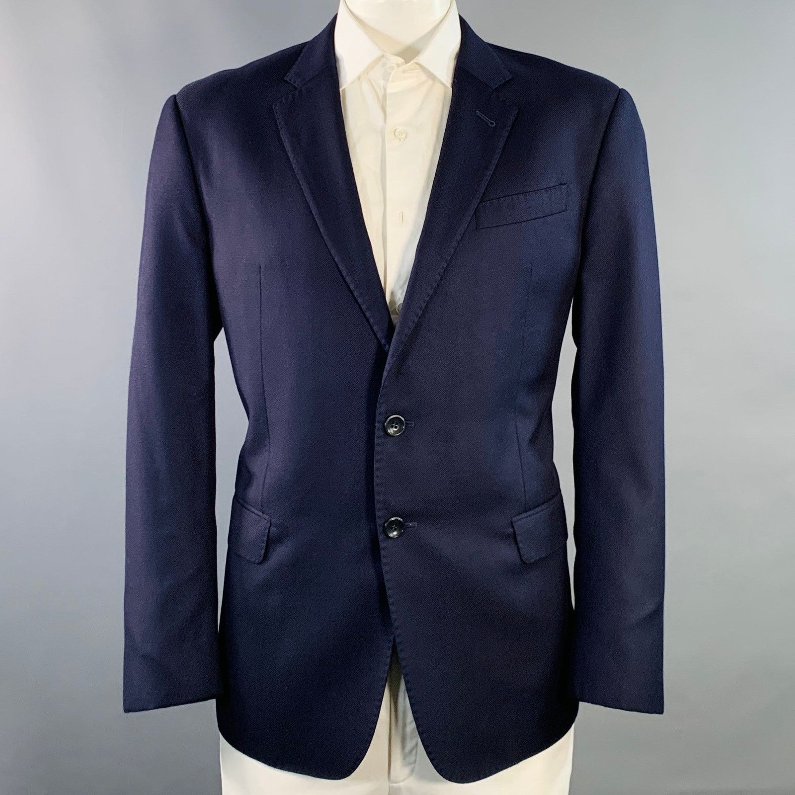Size 46 Navy Woven Virgin Wool Notch Lapel Sport Coat