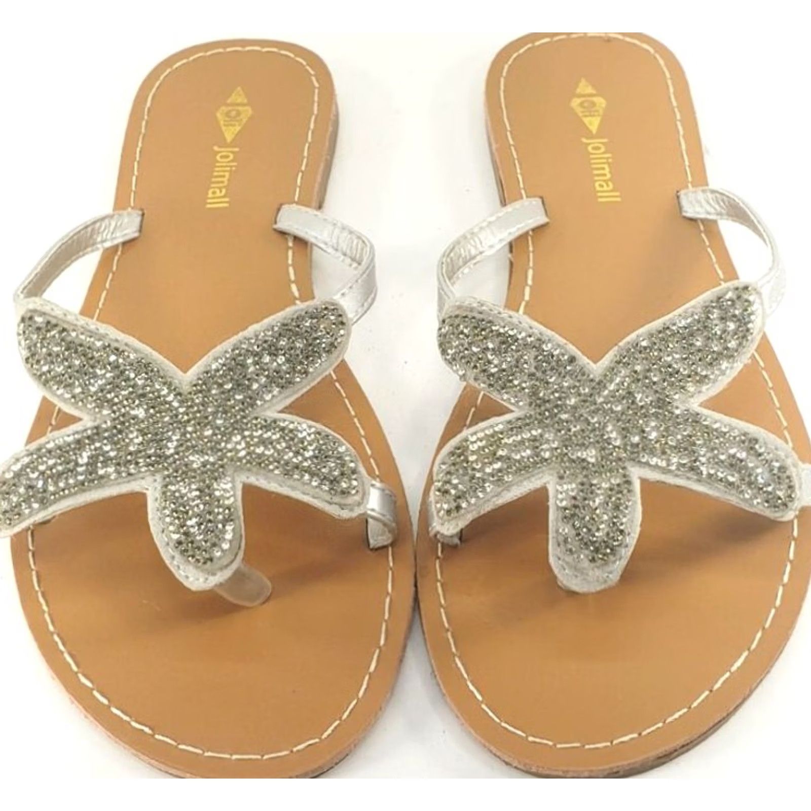 Vintage Jolimall Womens Flat Summer Toe Post Sandals Size 6 Crystal Beaded Starfish Upfront with Silver Straps Size US 6 / IT 36 - 3 Thumbnail