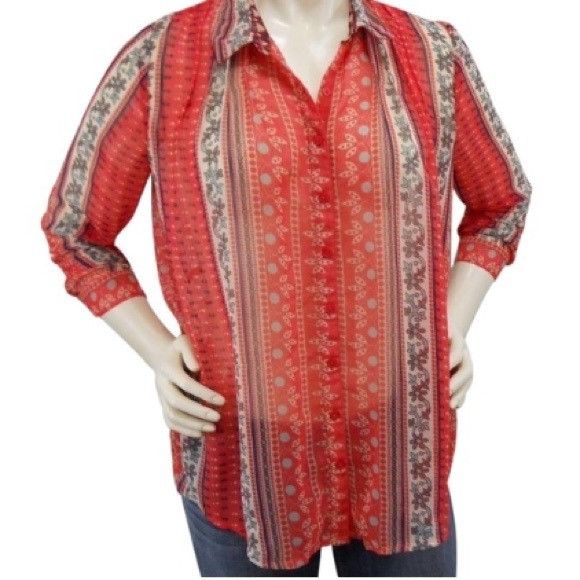 Free People Free People orange Floral Striped Button Down Top Size M / US 6-8 / IT 42-44 - 1 Thumbnail