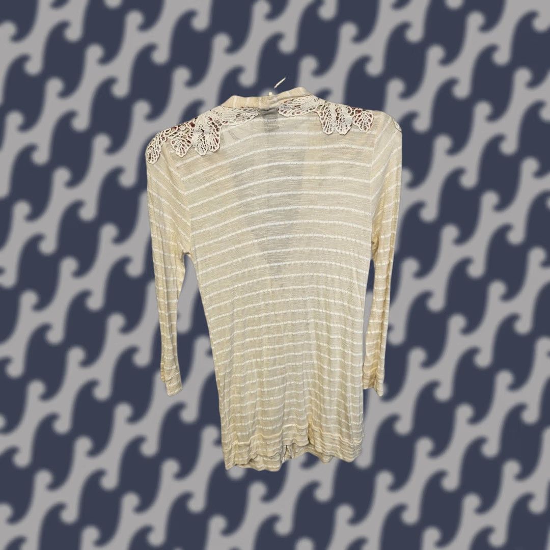 Vintage VINTAGE Miss Chievous Cardigan Women XL Boho Chic Lace Trim Cream Yellow Striped V-Neck Long Sleeve Crochet Buttons Sweater Knit Size XL / US 12-14 / IT 48-50 - 1 Thumbnail
