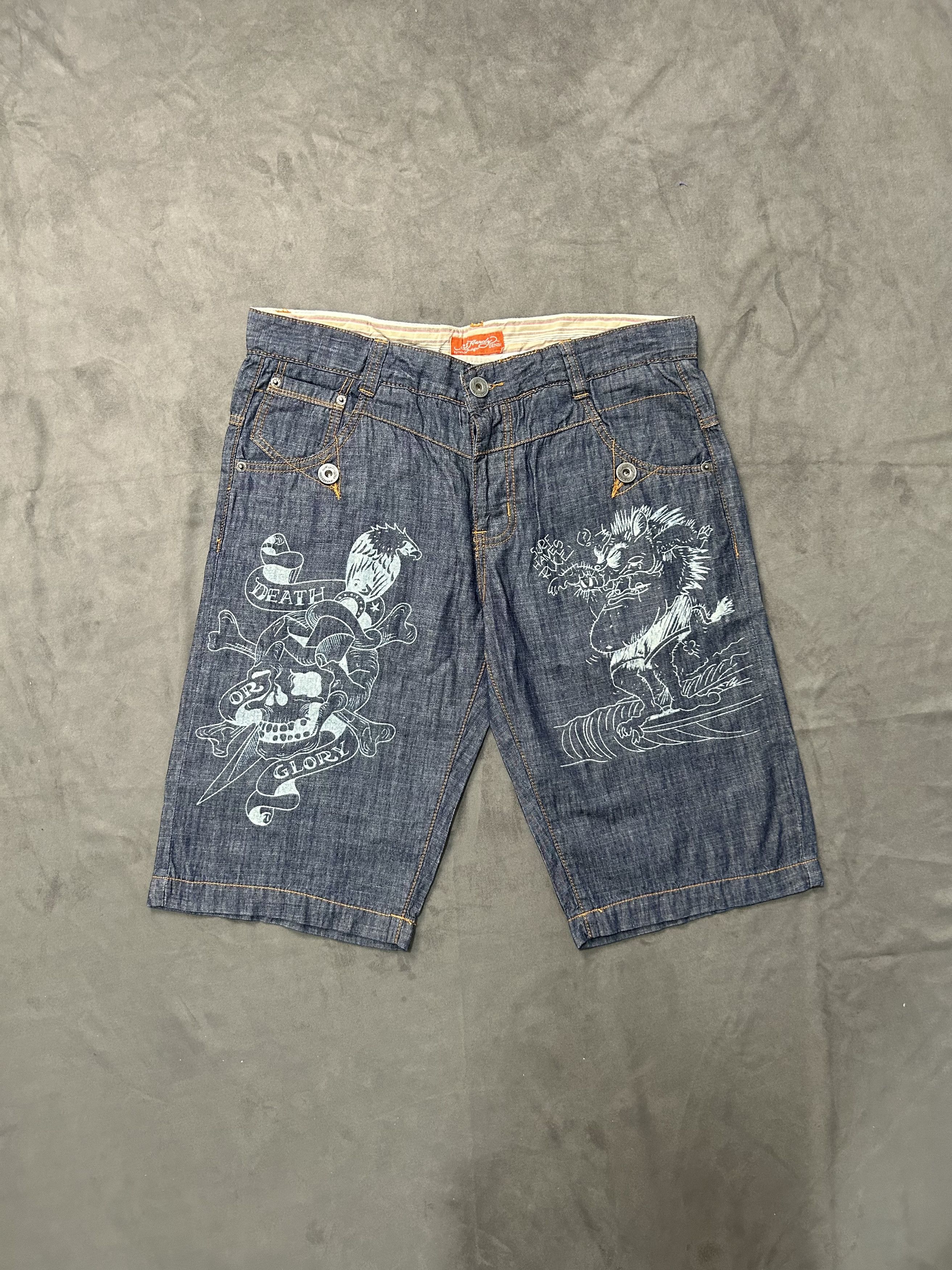 Ed Hardy × Vintage Rare Vintage Y2k Ed Hardy Skull Print Denim Shorts 34 Size US 26 / EU 42 - 1 Thumbnail