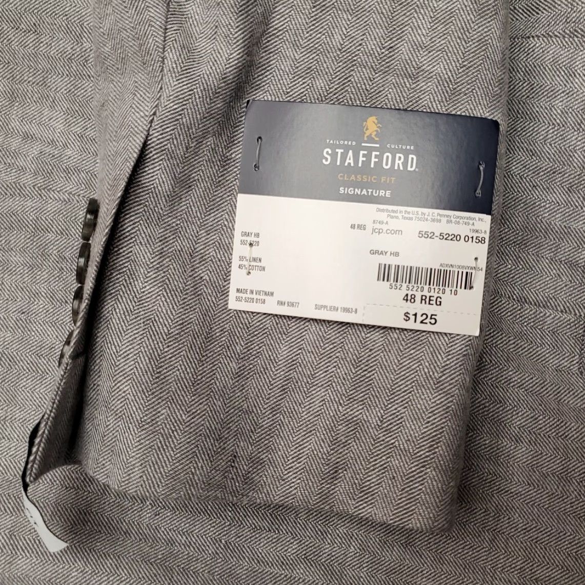 Stafford VINTAGE JCPenney Stafford Blazer Men 48 Gray Herringbone Twill Sport Jacket Coat Suit Top Size 48R - 4 Thumbnail