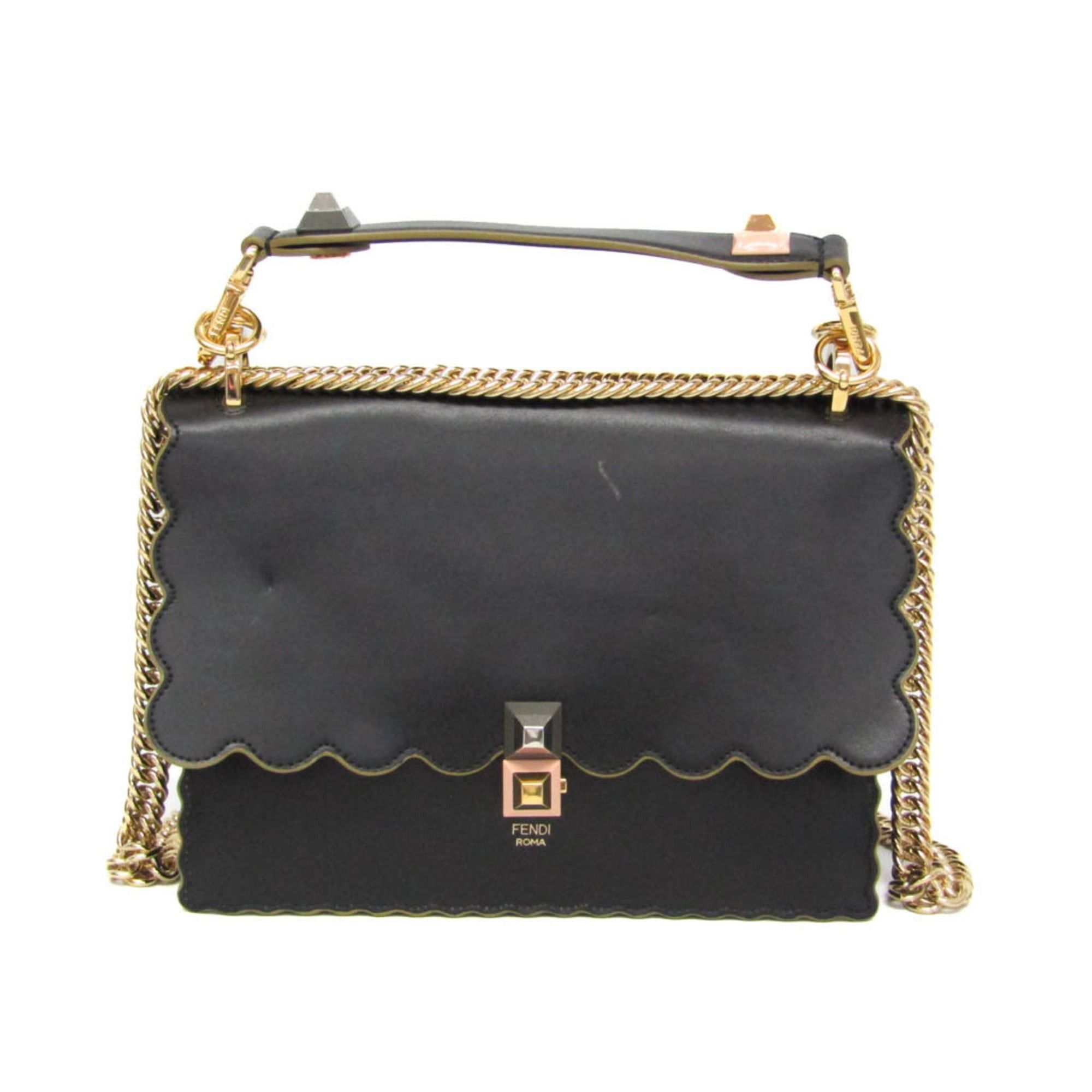 Fendi KAN I 8BT283 Women's Leather HandbagShoulder Bag Black