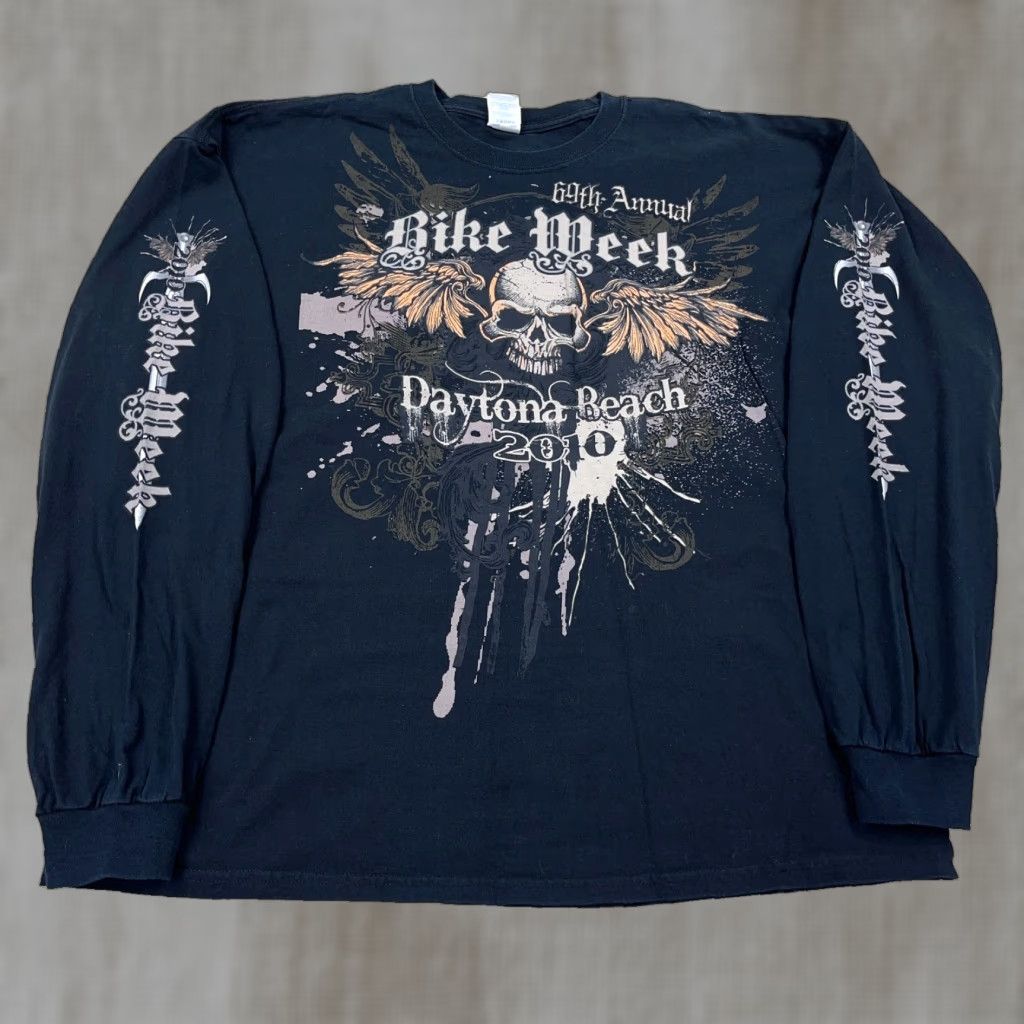 Gildan VINTAGE Y2K Bike Week Shirt Men 2XL Black Long Sleeve Hit Winged Skull Goth Gildan Graphic Print Crew Neck Size US XXL / EU 58 / 5 - 1 Thumbnail